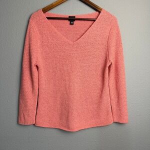 Eileen Fisher Textured Open Knit V-Neck Sweater Silk Blend Salmon Pink Medium